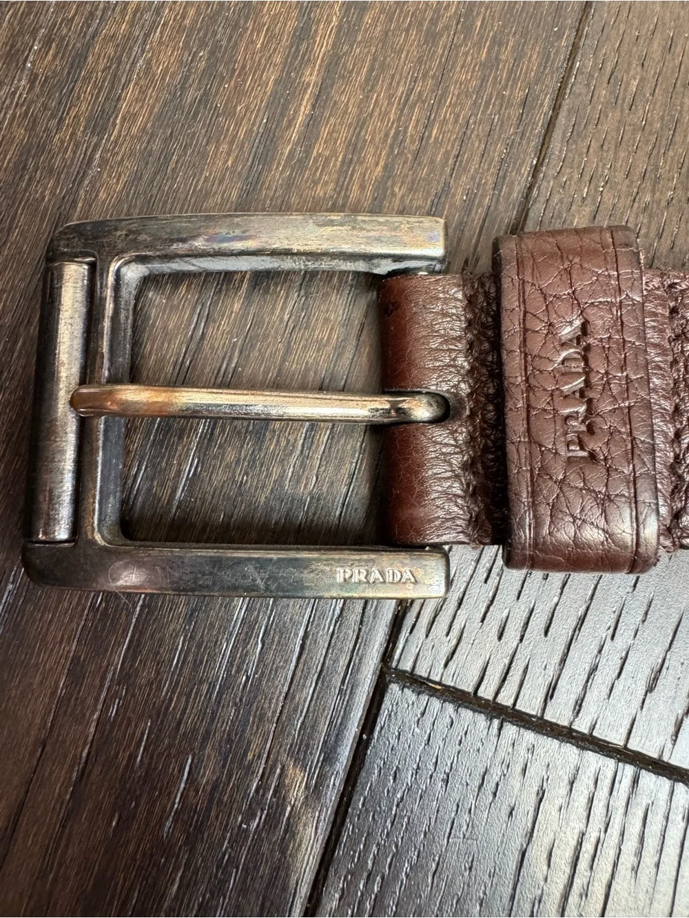Prada Brown Textured Leather Men's Belt with Brushed Metal Buckle